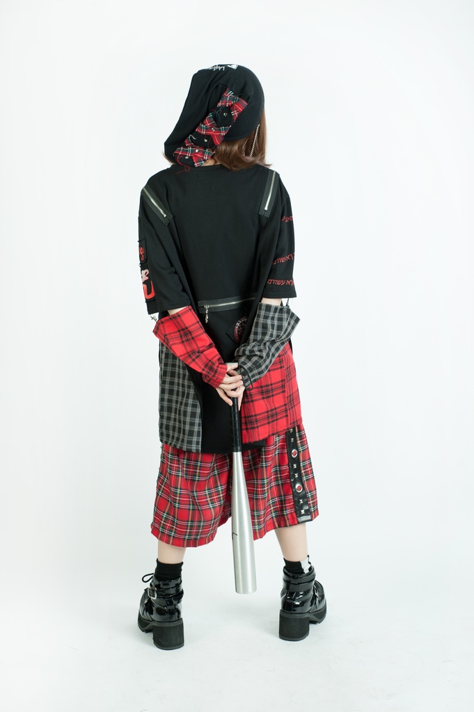 Jillpunkパンク ロック 妖艶風 呪蝶夢幻 グラデーション色 タータンチェック柄 オフショルダー ゆったり アームカバー付き 半袖tシャツ カットソー メンズ レディー V系 おしゃれ 男女兼用ファッション秋葉系カッコいい