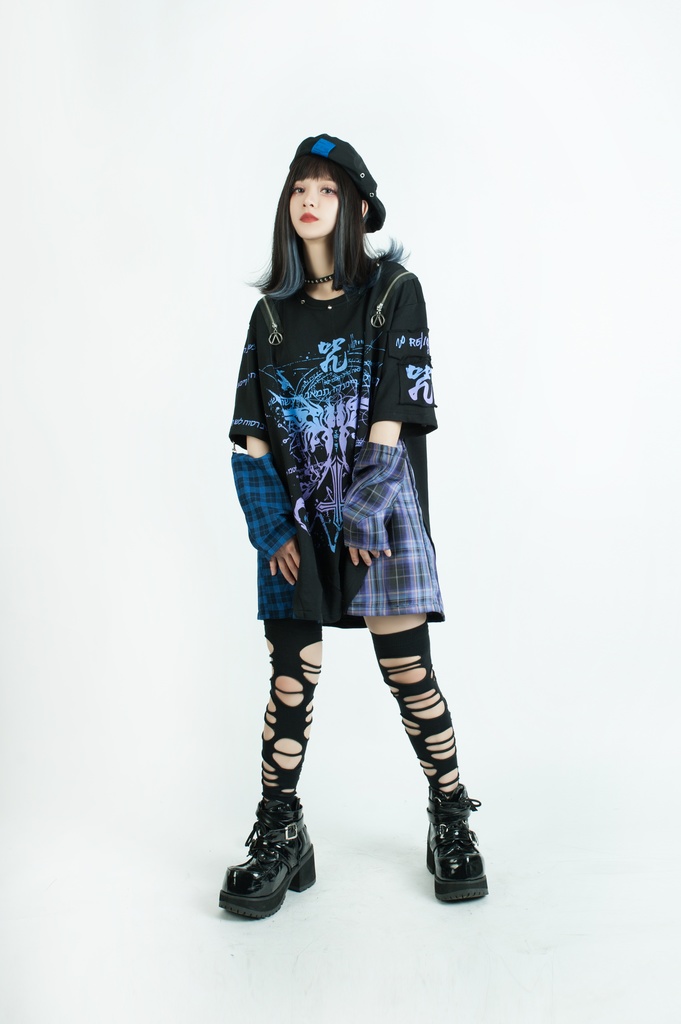 Jillpunkパンク ロック 妖艶風 呪蝶夢幻 グラデーション色 タータンチェック柄 オフショルダー ゆったり アームカバー付き 半袖tシャツ カットソー メンズ レディー V系 おしゃれ 男女兼用ファッション秋葉系カッコいい