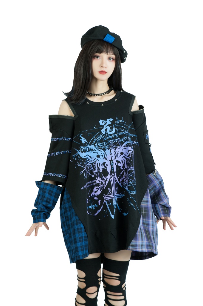 Jillpunkパンク ロック 妖艶風 呪蝶夢幻 グラデーション色 タータンチェック柄 オフショルダー ゆったり アームカバー付き 半袖tシャツ カットソー メンズ レディー V系 おしゃれ 男女兼用ファッション秋葉系カッコいい