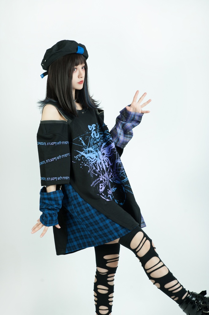 Jillpunkパンク ロック 妖艶風 呪蝶夢幻 グラデーション色 タータンチェック柄 オフショルダー ゆったり アームカバー付き 半袖tシャツ カットソー メンズ レディー V系 おしゃれ 男女兼用ファッション秋葉系カッコいい