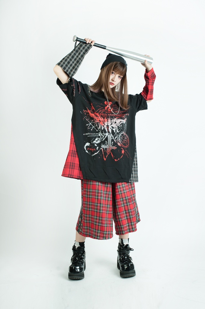 Jillpunkパンク ロック 妖艶風 呪蝶夢幻 グラデーション色 タータンチェック柄 オフショルダー ゆったり アームカバー付き 半袖tシャツ カットソー メンズ レディー V系 おしゃれ 男女兼用ファッション秋葉系カッコいい