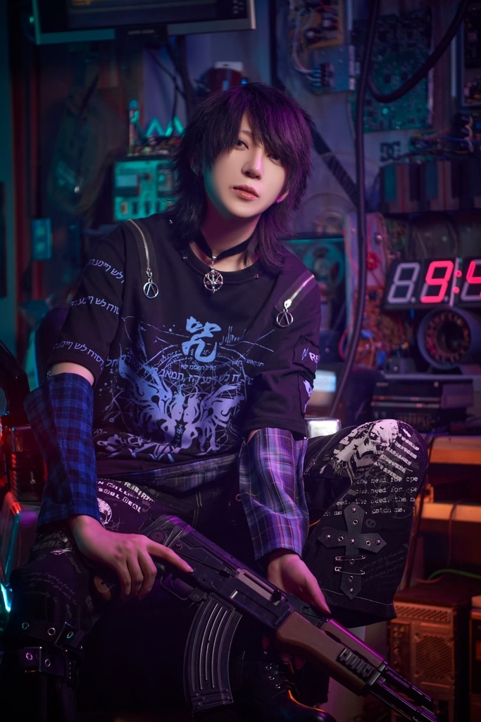 Jillpunkパンク ロック 妖艶風 呪蝶夢幻 グラデーション色 タータンチェック柄 オフショルダー ゆったり アームカバー付き 半袖tシャツ カットソー メンズ レディー V系 おしゃれ 男女兼用ファッション秋葉系カッコいい