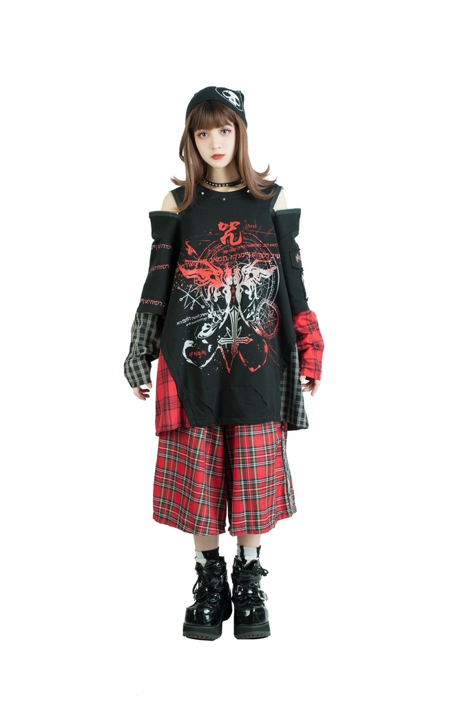 Jillpunkパンク ロック 妖艶風 呪蝶夢幻 グラデーション色 タータンチェック柄 オフショルダー ゆったり アームカバー付き 半袖tシャツ カットソー メンズ レディー V系 おしゃれ 男女兼用ファッション秋葉系カッコいい