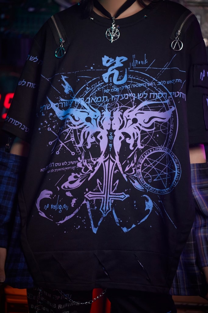 Jillpunkパンク ロック 妖艶風 呪蝶夢幻 グラデーション色 タータンチェック柄 オフショルダー ゆったり アームカバー付き 半袖tシャツ カットソー メンズ レディー V系 おしゃれ 男女兼用ファッション秋葉系カッコいい