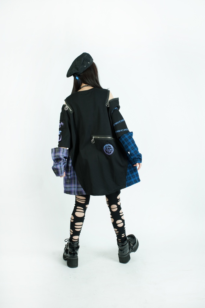 Jillpunkパンク ロック 妖艶風 呪蝶夢幻 グラデーション色 タータンチェック柄 オフショルダー ゆったり アームカバー付き 半袖tシャツ カットソー メンズ レディー V系 おしゃれ 男女兼用ファッション秋葉系カッコいい