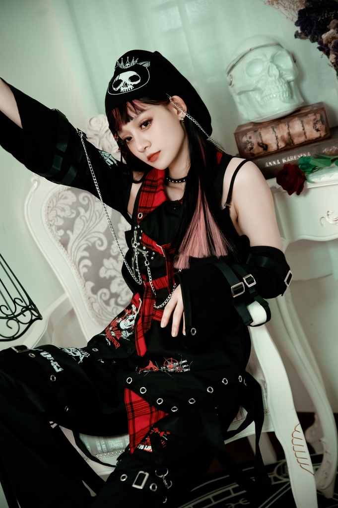 Jillpunkパンク ロック ソウル喰らい タータンチェック柄 ノースリーブ バックベルト ドレスシャツ 飾りチェーン アームカバー付き オリジナル メンズ レディー V系 おしゃれ 男女兼用ファッション カッコいい