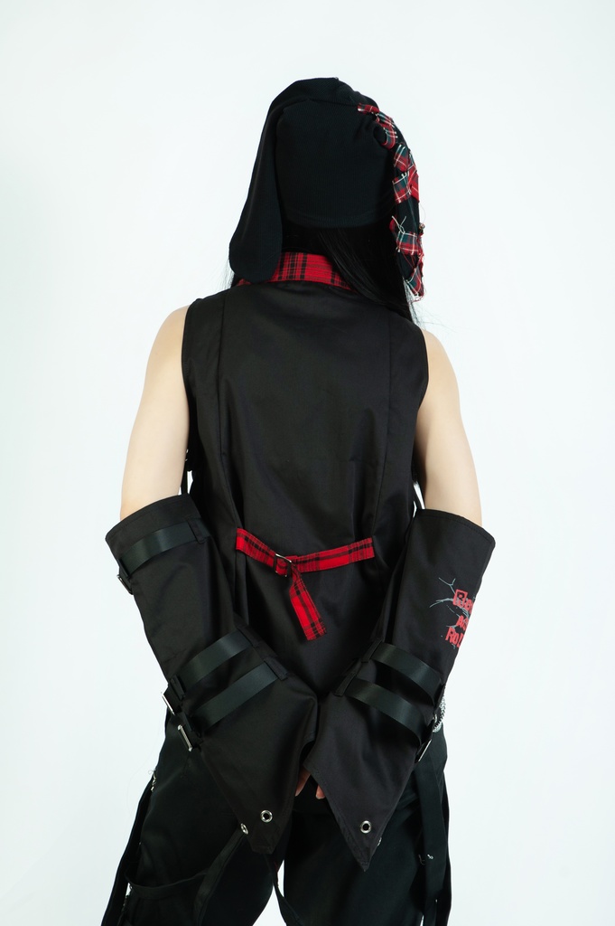 Jillpunkパンク ロック ソウル喰らい タータンチェック柄 ノースリーブ バックベルト ドレスシャツ 飾りチェーン アームカバー付き オリジナル メンズ レディー V系 おしゃれ 男女兼用ファッション カッコいい