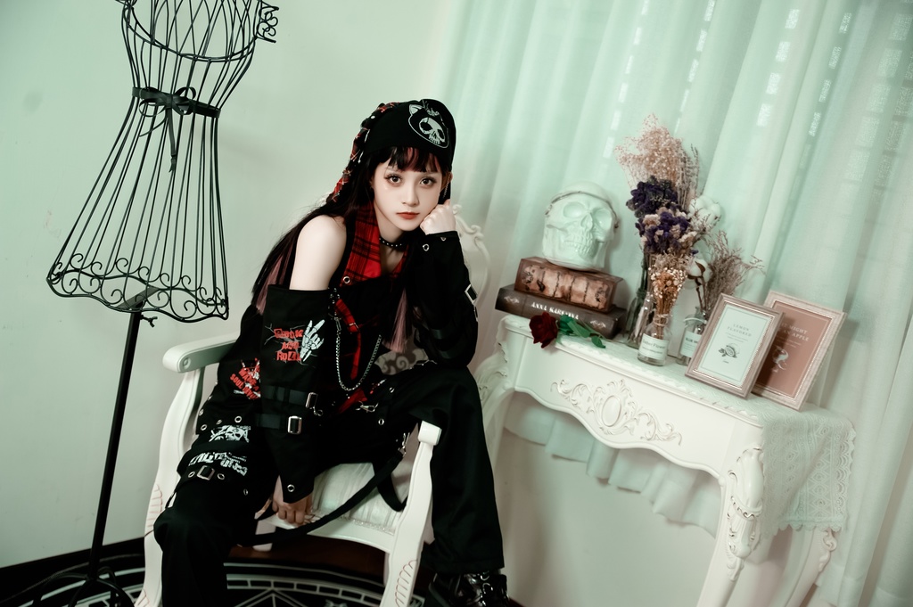 Jillpunkパンク ロック ソウル喰らい タータンチェック柄 ノースリーブ バックベルト ドレスシャツ 飾りチェーン アームカバー付き オリジナル メンズ レディー V系 おしゃれ 男女兼用ファッション カッコいい