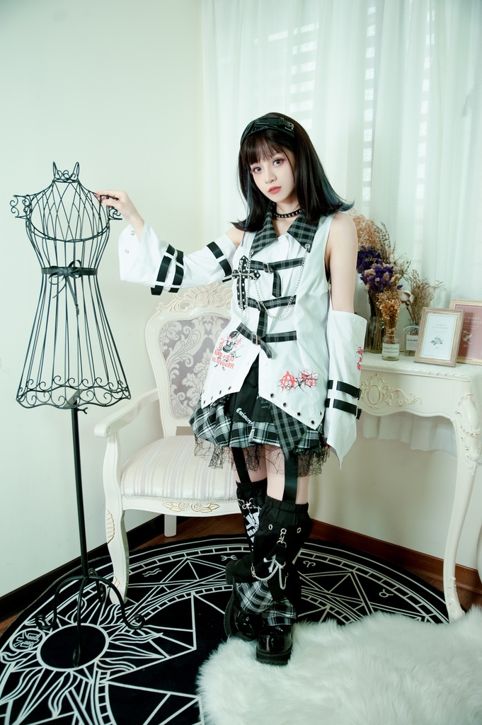 Jillpunkパンク ロック ソウル喰らい タータンチェック柄 ノースリーブ バックベルト ドレスシャツ 飾りチェーン アームカバー付き オリジナル メンズ レディー V系 おしゃれ 男女兼用ファッション カッコいい