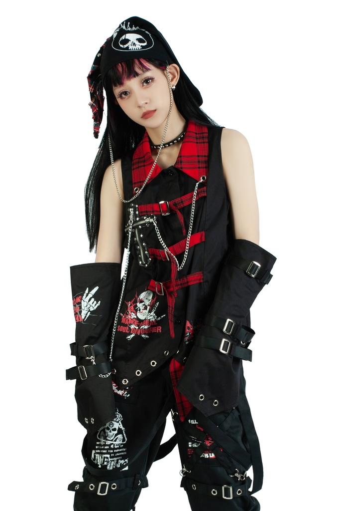 Jillpunkパンク ロック ソウル喰らい タータンチェック柄 ノースリーブ バックベルト ドレスシャツ 飾りチェーン アームカバー付き オリジナル メンズ レディー V系 おしゃれ 男女兼用ファッション カッコいい