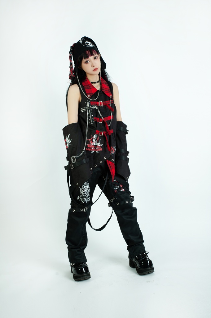 Jillpunkパンク ロック ソウル喰らい タータンチェック柄 ノースリーブ バックベルト ドレスシャツ 飾りチェーン アームカバー付き オリジナル メンズ レディー V系 おしゃれ 男女兼用ファッション カッコいい