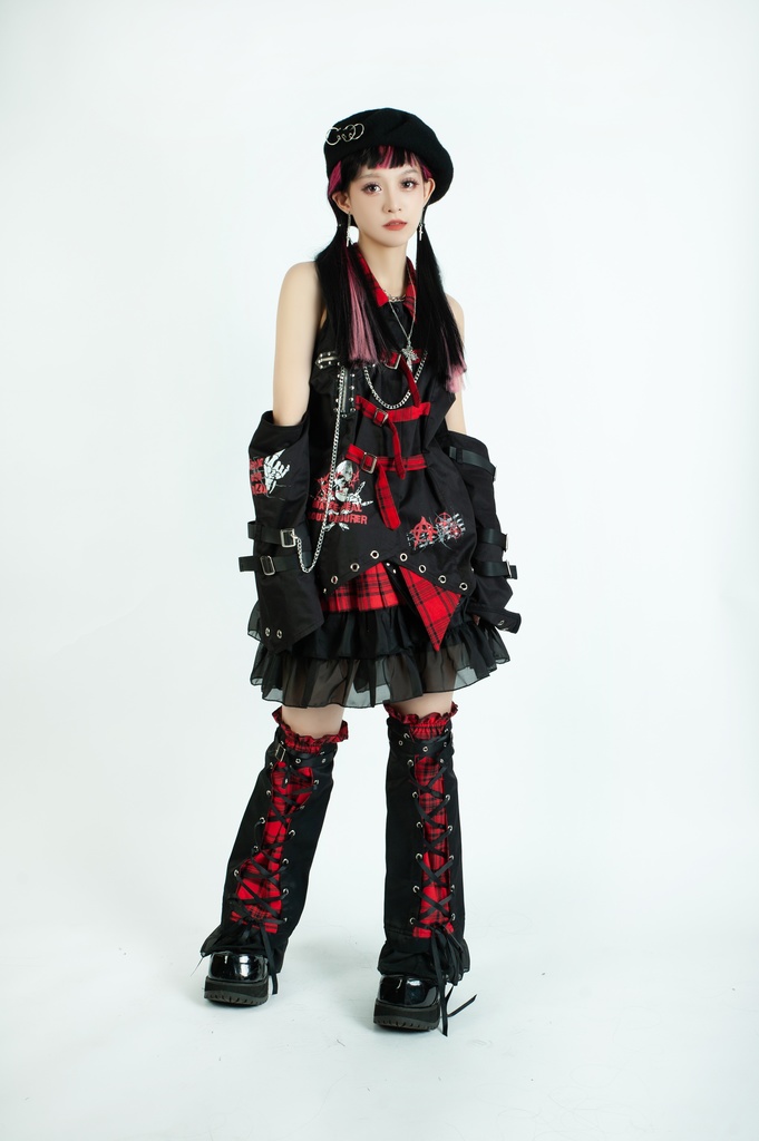 Jillpunkパンク ロック ソウル喰らい タータンチェック柄 ノースリーブ バックベルト ドレスシャツ 飾りチェーン アームカバー付き オリジナル メンズ レディー V系 おしゃれ 男女兼用ファッション カッコいい