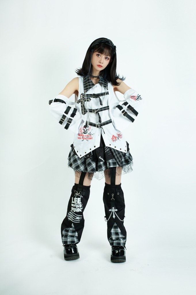 Jillpunkパンク ロック ソウル喰らい タータンチェック柄 ノースリーブ バックベルト ドレスシャツ 飾りチェーン アームカバー付き オリジナル メンズ レディー V系 おしゃれ 男女兼用ファッション カッコいい