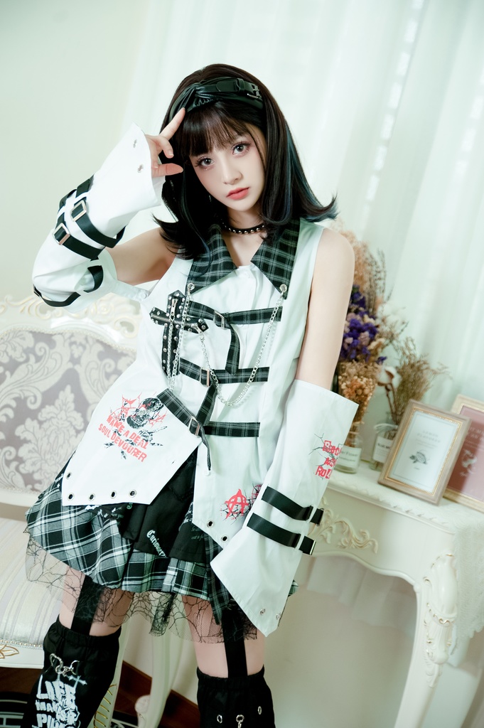 Jillpunkパンク ロック ソウル喰らい タータンチェック柄 ノースリーブ バックベルト ドレスシャツ 飾りチェーン アームカバー付き オリジナル メンズ レディー V系 おしゃれ 男女兼用ファッション カッコいい