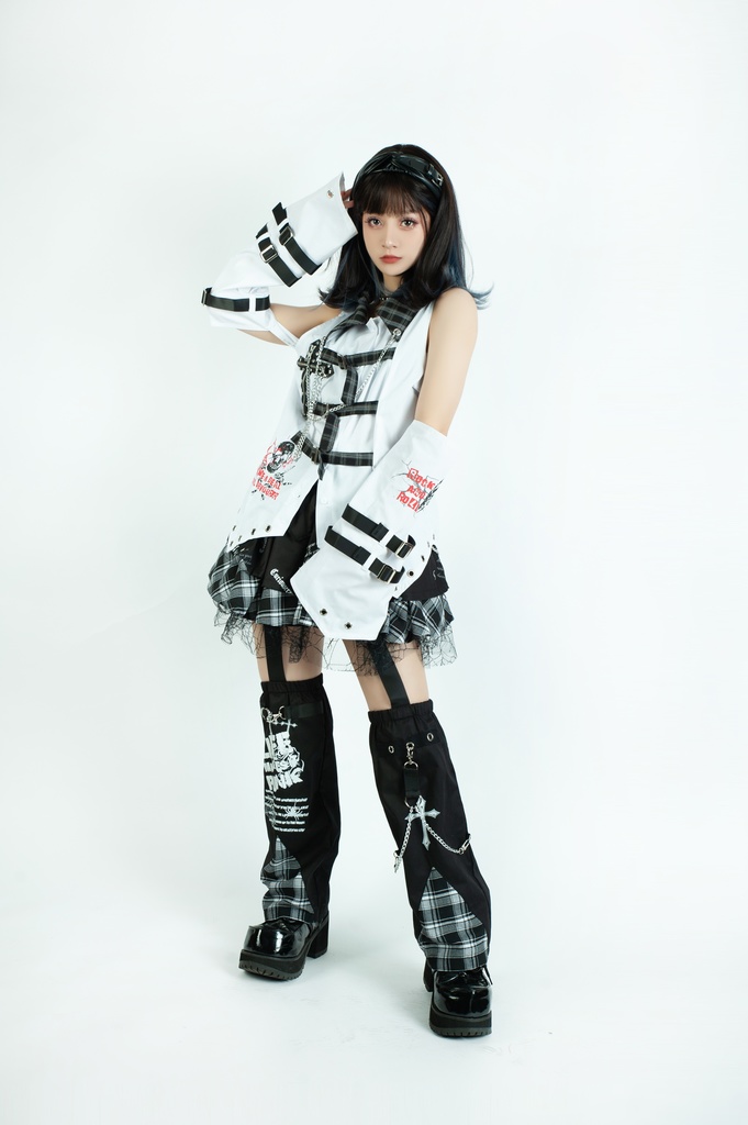 Jillpunkパンク ロック ソウル喰らい タータンチェック柄 ノースリーブ バックベルト ドレスシャツ 飾りチェーン アームカバー付き オリジナル メンズ レディー V系 おしゃれ 男女兼用ファッション カッコいい