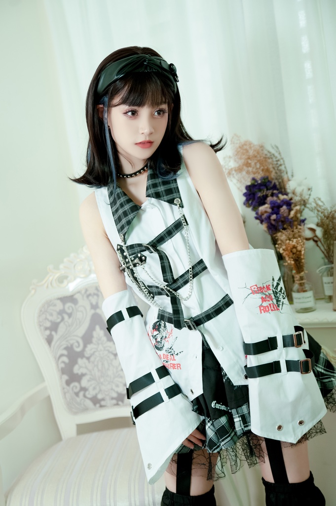 Jillpunkパンク ロック ソウル喰らい タータンチェック柄 ノースリーブ バックベルト ドレスシャツ 飾りチェーン アームカバー付き オリジナル メンズ レディー V系 おしゃれ 男女兼用ファッション カッコいい