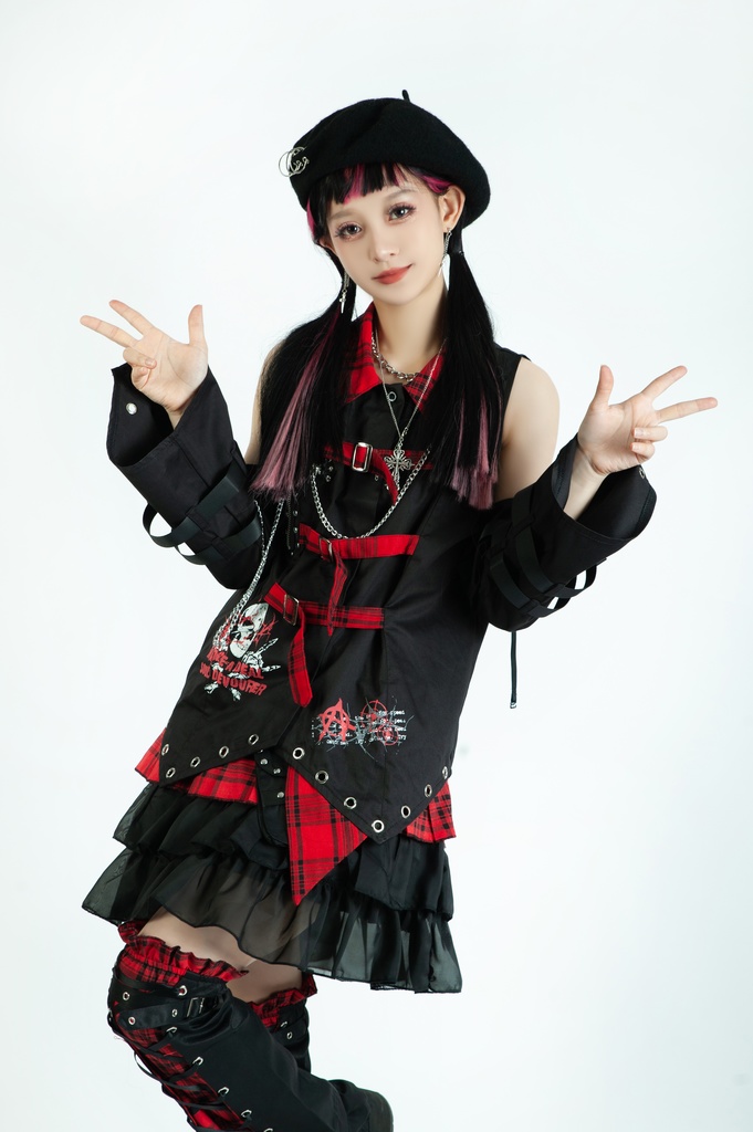 Jillpunkパンク ロック ソウル喰らい タータンチェック柄 ノースリーブ バックベルト ドレスシャツ 飾りチェーン アームカバー付き オリジナル メンズ レディー V系 おしゃれ 男女兼用ファッション カッコいい