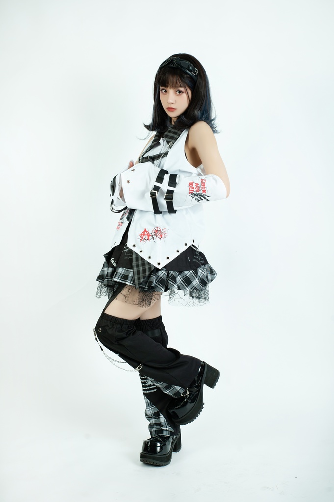 Jillpunkパンク ロック ソウル喰らい タータンチェック柄 ノースリーブ バックベルト ドレスシャツ 飾りチェーン アームカバー付き オリジナル メンズ レディー V系 おしゃれ 男女兼用ファッション カッコいい