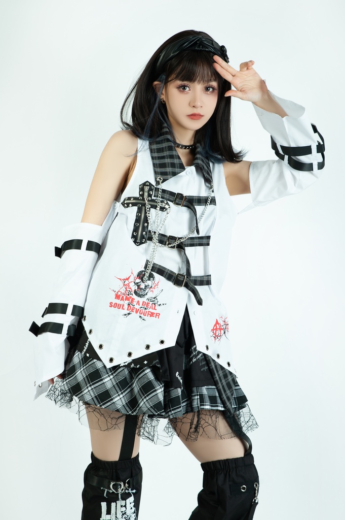 Jillpunkパンク ロック ソウル喰らい タータンチェック柄 ノースリーブ バックベルト ドレスシャツ 飾りチェーン アームカバー付き オリジナル メンズ レディー V系 おしゃれ 男女兼用ファッション カッコいい