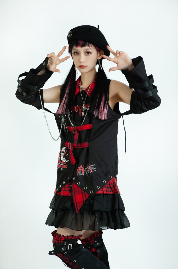 Jillpunkパンク ロック ソウル喰らい タータンチェック柄 ノースリーブ バックベルト ドレスシャツ 飾りチェーン アームカバー付き オリジナル メンズ レディー V系 おしゃれ 男女兼用ファッション カッコいい