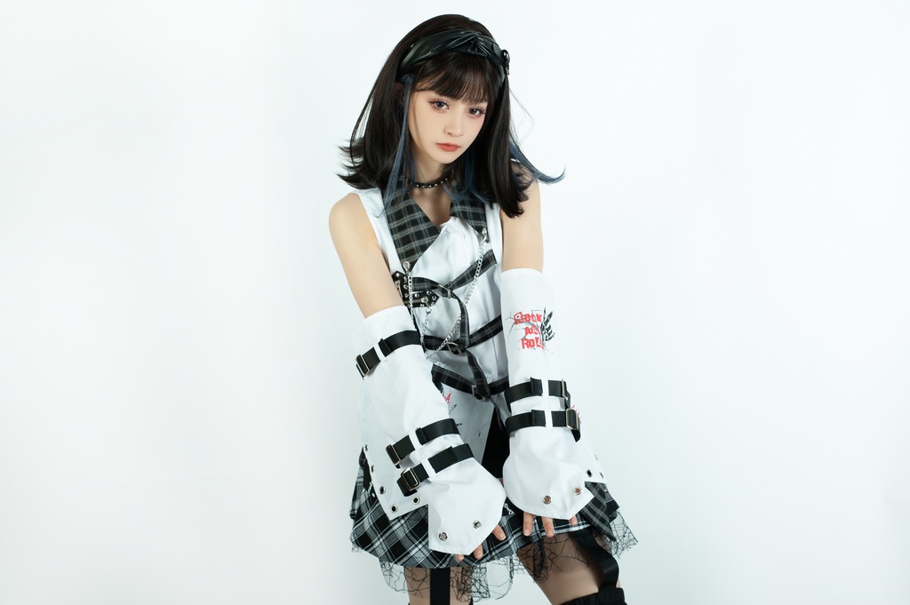 Jillpunkパンク ロック ソウル喰らい タータンチェック柄 ノースリーブ バックベルト ドレスシャツ 飾りチェーン アームカバー付き オリジナル メンズ レディー V系 おしゃれ 男女兼用ファッション カッコいい