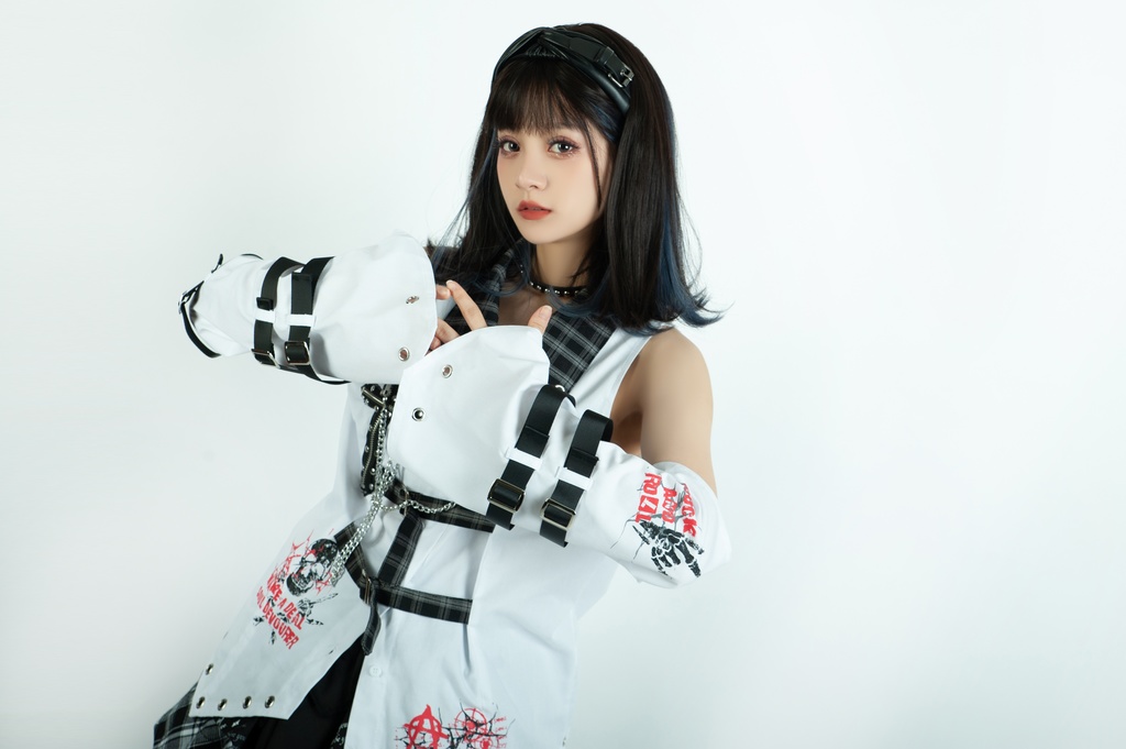 Jillpunkパンク ロック ソウル喰らい タータンチェック柄 ノースリーブ バックベルト ドレスシャツ 飾りチェーン アームカバー付き オリジナル メンズ レディー V系 おしゃれ 男女兼用ファッション カッコいい