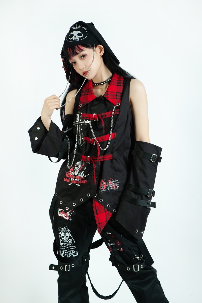 Jillpunkパンク ロック ソウル喰らい タータンチェック柄 ノースリーブ バックベルト ドレスシャツ 飾りチェーン アームカバー付き オリジナル メンズ レディー V系 おしゃれ 男女兼用ファッション カッコいい