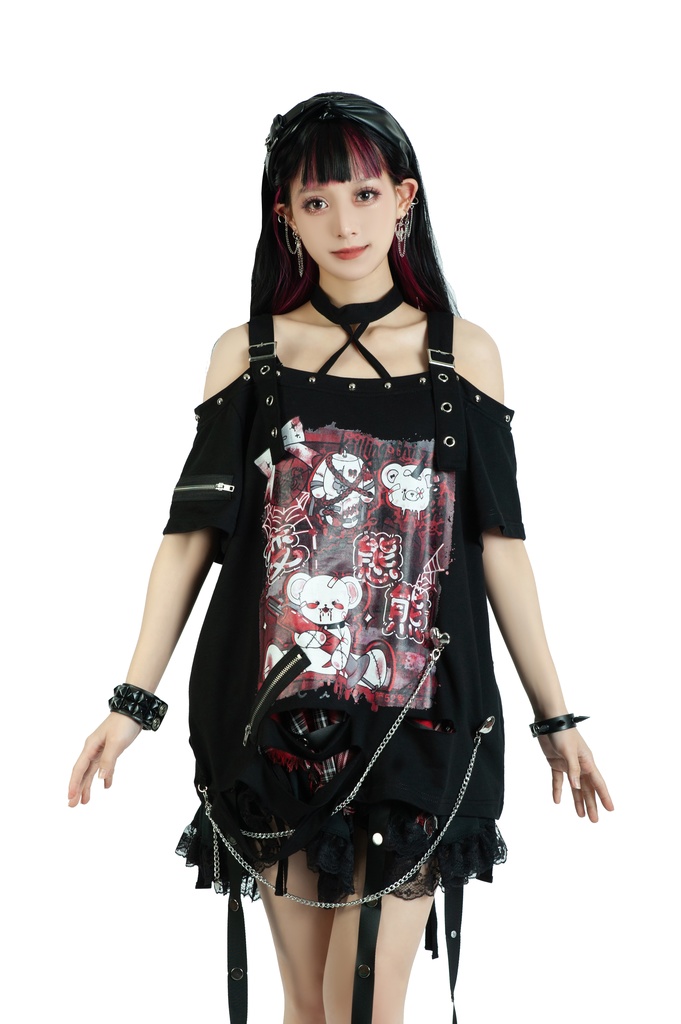 Jillpunk地雷系病みカワ 甜牙草莓コラボ キラー熊さん オフショルダー チョーカー付き カットアウト ゆったり 半袖 Tシャツ・カットソー オリジナル メンヘラ ヤンデレ 可愛いロリータ おしゃれ男女兼用ファッション秋葉系萌え