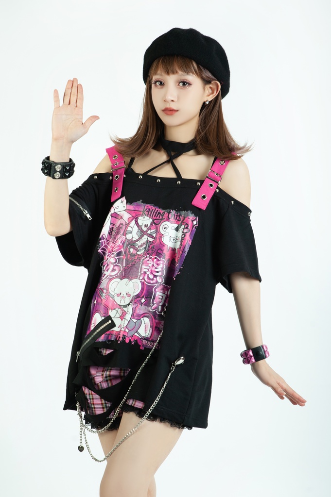 Jillpunk地雷系病みカワ 甜牙草莓コラボ キラー熊さん オフショルダー チョーカー付き カットアウト ゆったり 半袖 Tシャツ・カットソー オリジナル メンヘラ ヤンデレ 可愛いロリータ おしゃれ男女兼用ファッション秋葉系萌え