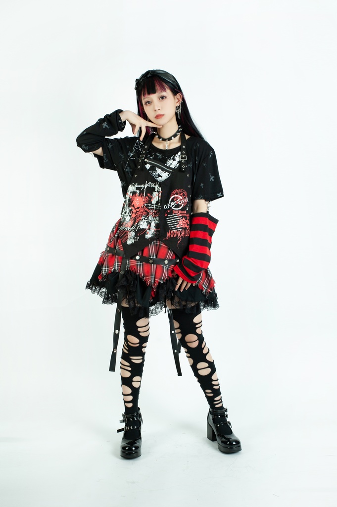 Jillpunk パンク 地雷系 甜牙草莓コラボ タータンチェック柄 ケージハーネスストラップ レースヘム Aライン ショートスカート オリジナル アヴリル系 可愛いロリータ おしゃれ ファッション秋葉系萌え