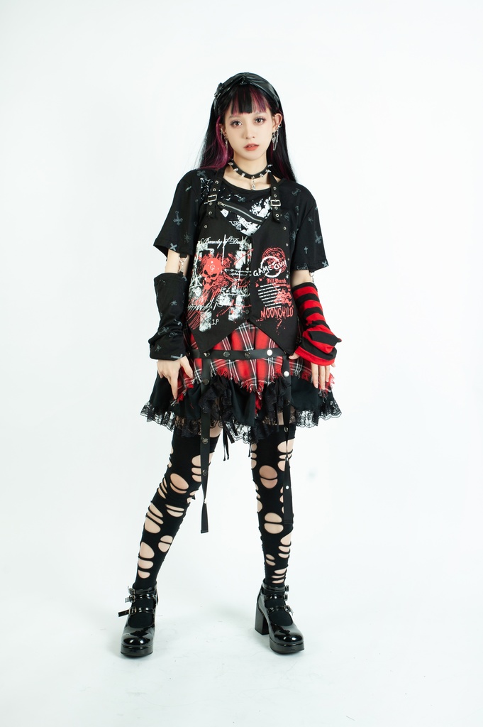 Jillpunk パンク 地雷系 甜牙草莓コラボ タータンチェック柄 ケージハーネスストラップ レースヘム Aライン ショートスカート オリジナル アヴリル系 可愛いロリータ おしゃれ ファッション秋葉系萌え