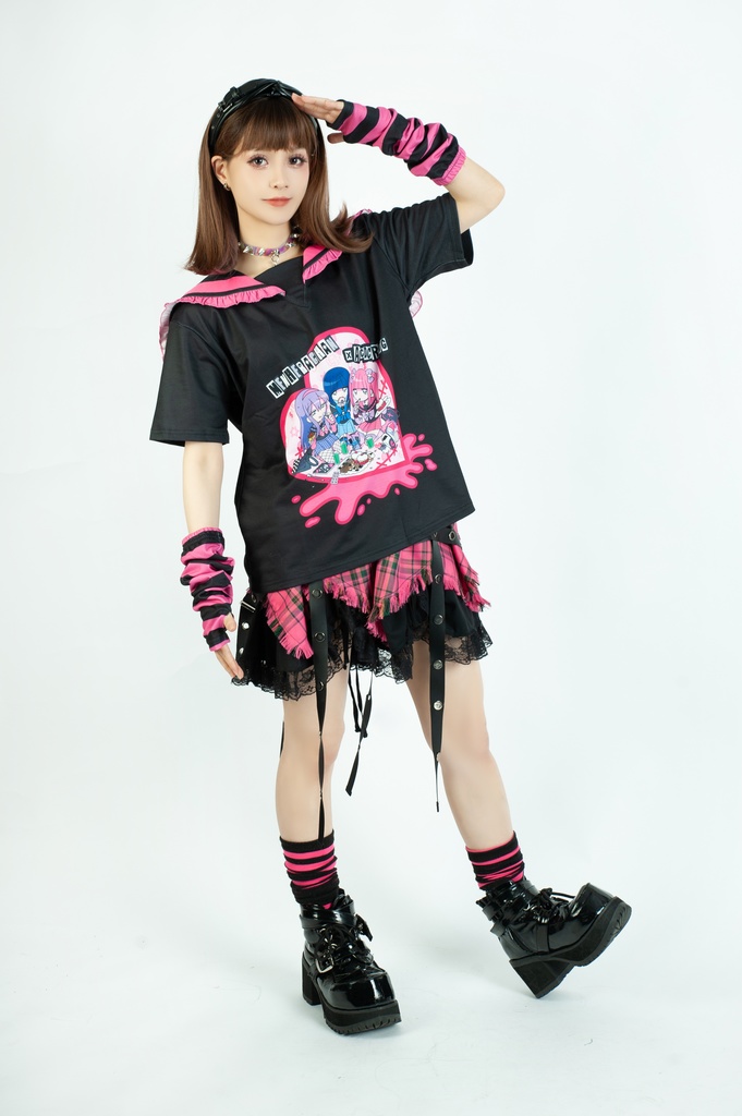 Jillpunk パンク 地雷系 甜牙草莓コラボ タータンチェック柄 ケージハーネスストラップ レースヘム Aライン ショートスカート オリジナル アヴリル系 可愛いロリータ おしゃれ ファッション秋葉系萌え