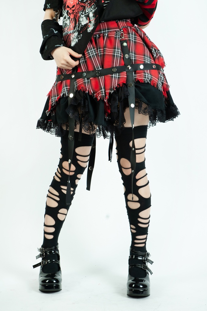 Jillpunk パンク 地雷系 甜牙草莓コラボ タータンチェック柄 ケージハーネスストラップ レースヘム Aライン ショートスカート オリジナル アヴリル系 可愛いロリータ おしゃれ ファッション秋葉系萌え