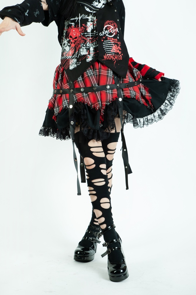 Jillpunk パンク 地雷系 甜牙草莓コラボ タータンチェック柄 ケージハーネスストラップ レースヘム Aライン ショートスカート オリジナル アヴリル系 可愛いロリータ おしゃれ ファッション秋葉系萌え