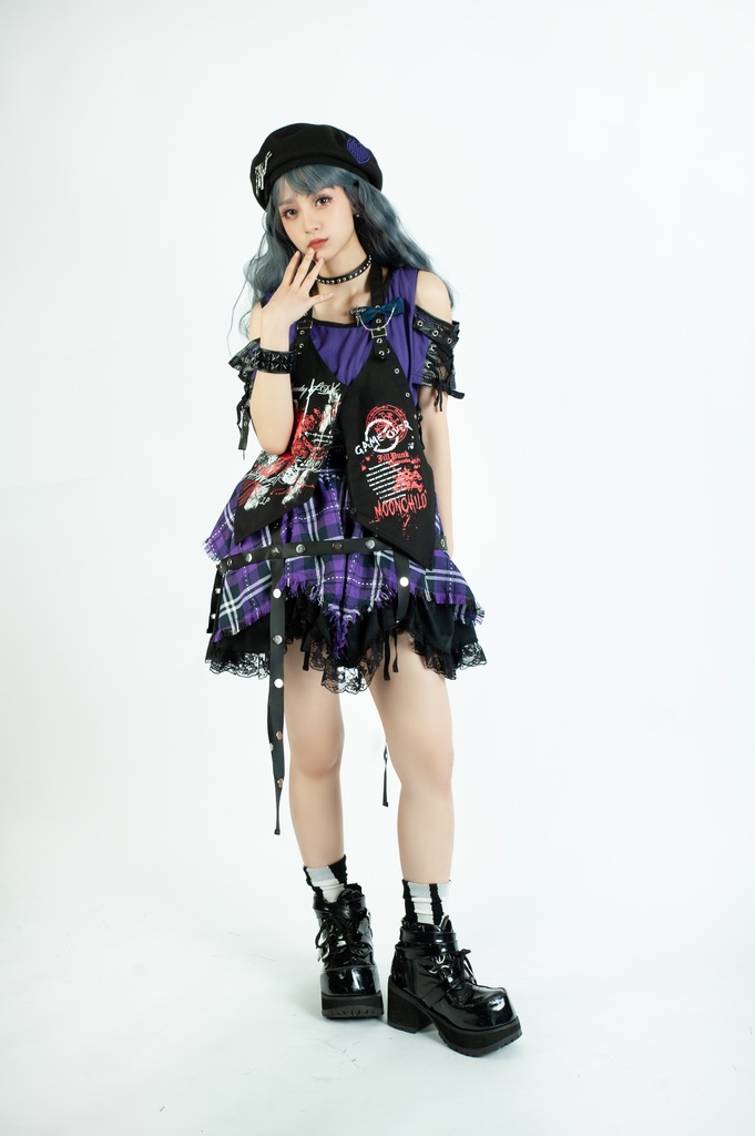Jillpunk パンク 地雷系 甜牙草莓コラボ タータンチェック柄 ケージハーネスストラップ レースヘム Aライン ショートスカート オリジナル アヴリル系 可愛いロリータ おしゃれ ファッション秋葉系萌え