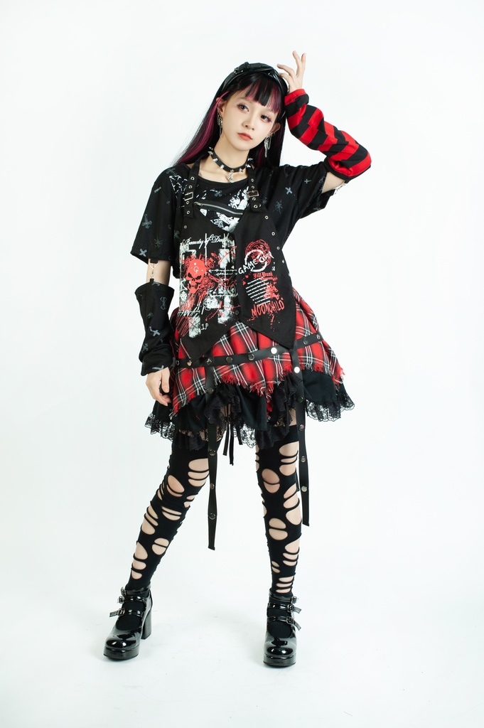 Jillpunk パンク 地雷系 甜牙草莓コラボ タータンチェック柄 ケージハーネスストラップ レースヘム Aライン ショートスカート オリジナル アヴリル系 可愛いロリータ おしゃれ ファッション秋葉系萌え