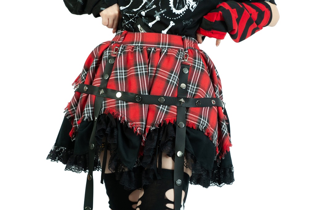 Jillpunk パンク 地雷系 甜牙草莓コラボ タータンチェック柄 ケージハーネスストラップ レースヘム Aライン ショートスカート オリジナル アヴリル系 可愛いロリータ おしゃれ ファッション秋葉系萌え