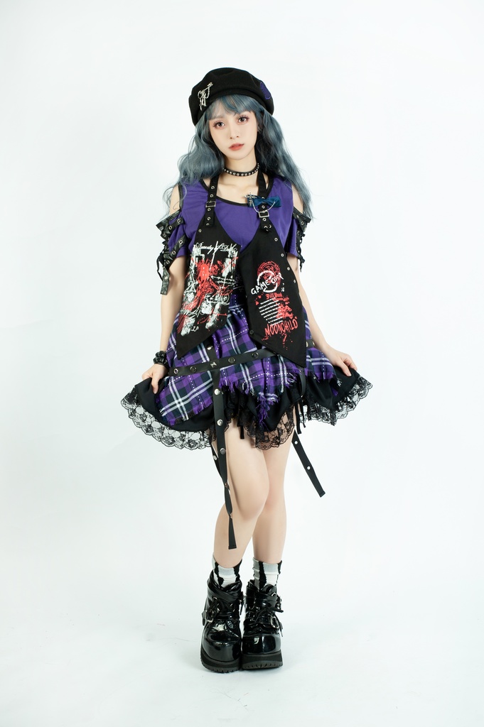 Jillpunk パンク 地雷系 甜牙草莓コラボ タータンチェック柄 ケージハーネスストラップ レースヘム Aライン ショートスカート オリジナル アヴリル系 可愛いロリータ おしゃれ ファッション秋葉系萌え