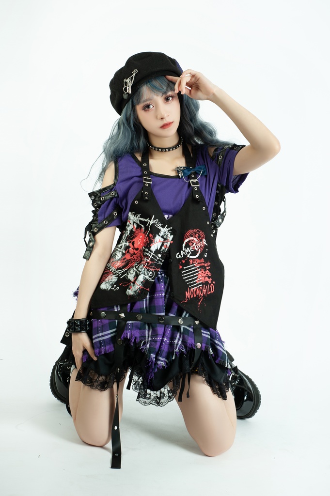 Jillpunk パンク 地雷系 甜牙草莓コラボ タータンチェック柄 ケージハーネスストラップ レースヘム Aライン ショートスカート オリジナル アヴリル系 可愛いロリータ おしゃれ ファッション秋葉系萌え