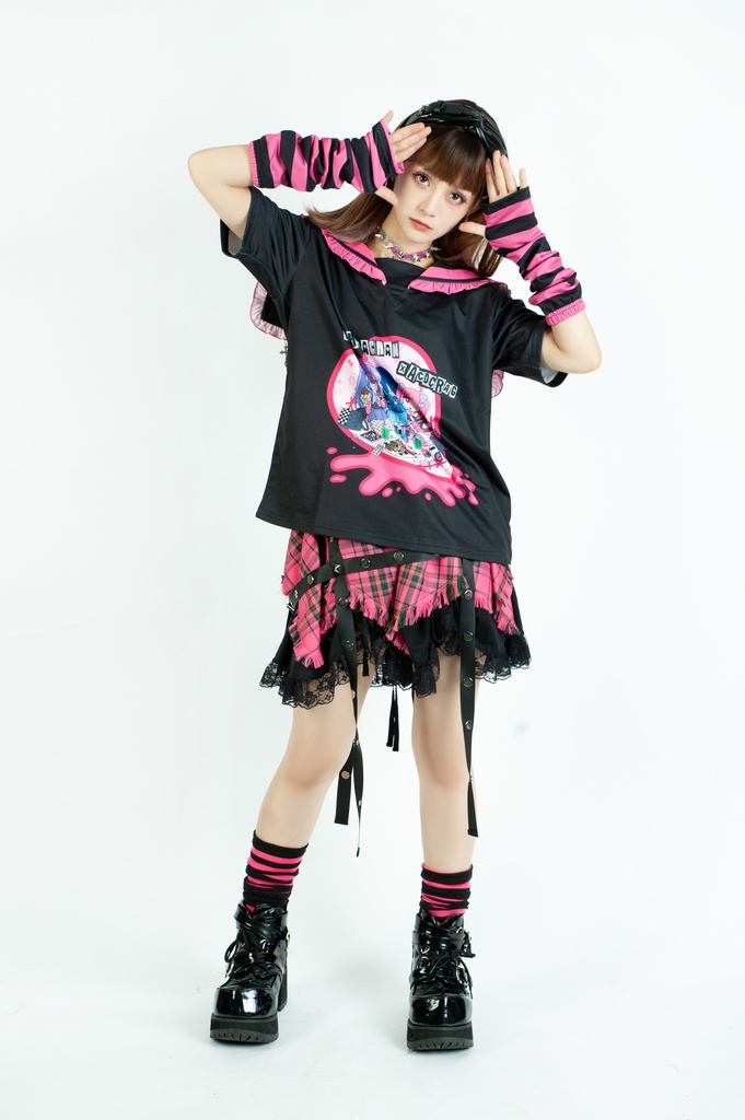 Jillpunk パンク 地雷系 甜牙草莓コラボ タータンチェック柄 ケージハーネスストラップ レースヘム Aライン ショートスカート オリジナル アヴリル系 可愛いロリータ おしゃれ ファッション秋葉系萌え