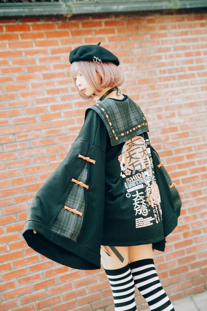 Jillpunk和風モード戦国武将物語 無銘正宗の主 石田三成 家紋刺繡 タータンチェック柄 セーラーカラー 和装 チャイナボタン タッセル紐 現代羽織 ジャケット オリジナル メンズ レディー V系カッコいい おしゃれ男女兼用ファッション秋葉系