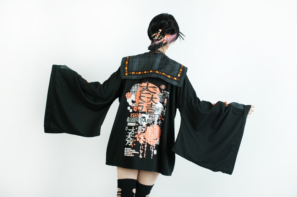 Jillpunk和風モード戦国武将物語 無銘正宗の主 石田三成 家紋刺繡 タータンチェック柄 セーラーカラー 和装 チャイナボタン タッセル紐 現代羽織 ジャケット オリジナル メンズ レディー V系カッコいい おしゃれ男女兼用ファッション秋葉系