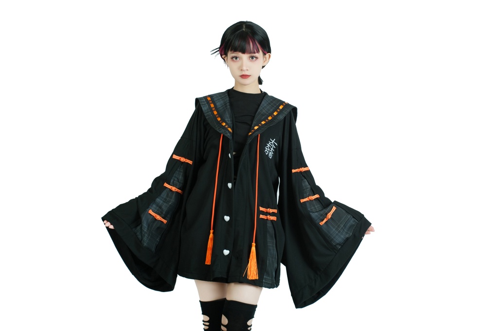 Jillpunk和風モード戦国武将物語 無銘正宗の主 石田三成 家紋刺繡 タータンチェック柄 セーラーカラー 和装 チャイナボタン タッセル紐 現代羽織 ジャケット オリジナル メンズ レディー V系カッコいい おしゃれ男女兼用ファッション秋葉系