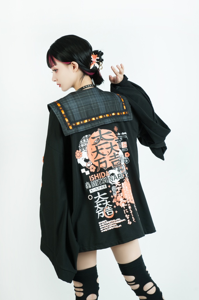 Jillpunk和風モード戦国武将物語 無銘正宗の主 石田三成 家紋刺繡 タータンチェック柄 セーラーカラー 和装 チャイナボタン タッセル紐 現代羽織 ジャケット オリジナル メンズ レディー V系カッコいい おしゃれ男女兼用ファッション秋葉系