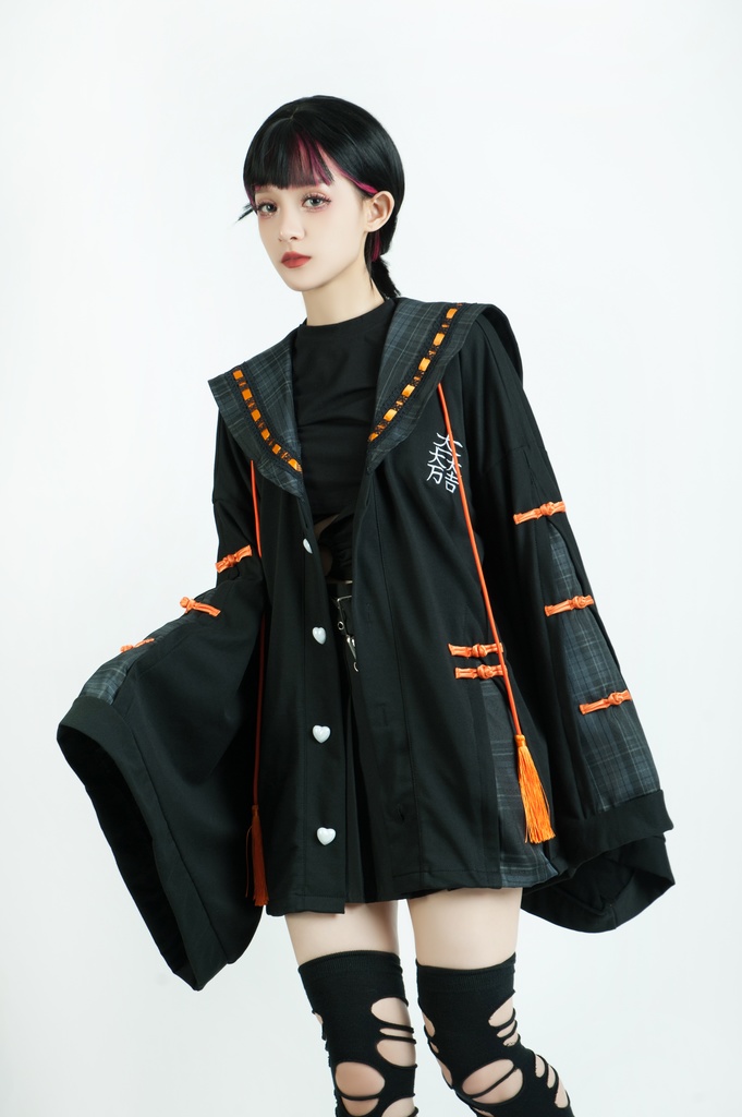 Jillpunk和風モード戦国武将物語 無銘正宗の主 石田三成 家紋刺繡 タータンチェック柄 セーラーカラー 和装 チャイナボタン タッセル紐 現代羽織 ジャケット オリジナル メンズ レディー V系カッコいい おしゃれ男女兼用ファッション秋葉系