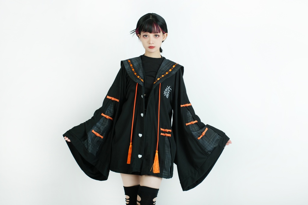 Jillpunk和風モード戦国武将物語 無銘正宗の主 石田三成 家紋刺繡 タータンチェック柄 セーラーカラー 和装 チャイナボタン タッセル紐 現代羽織 ジャケット オリジナル メンズ レディー V系カッコいい おしゃれ男女兼用ファッション秋葉系