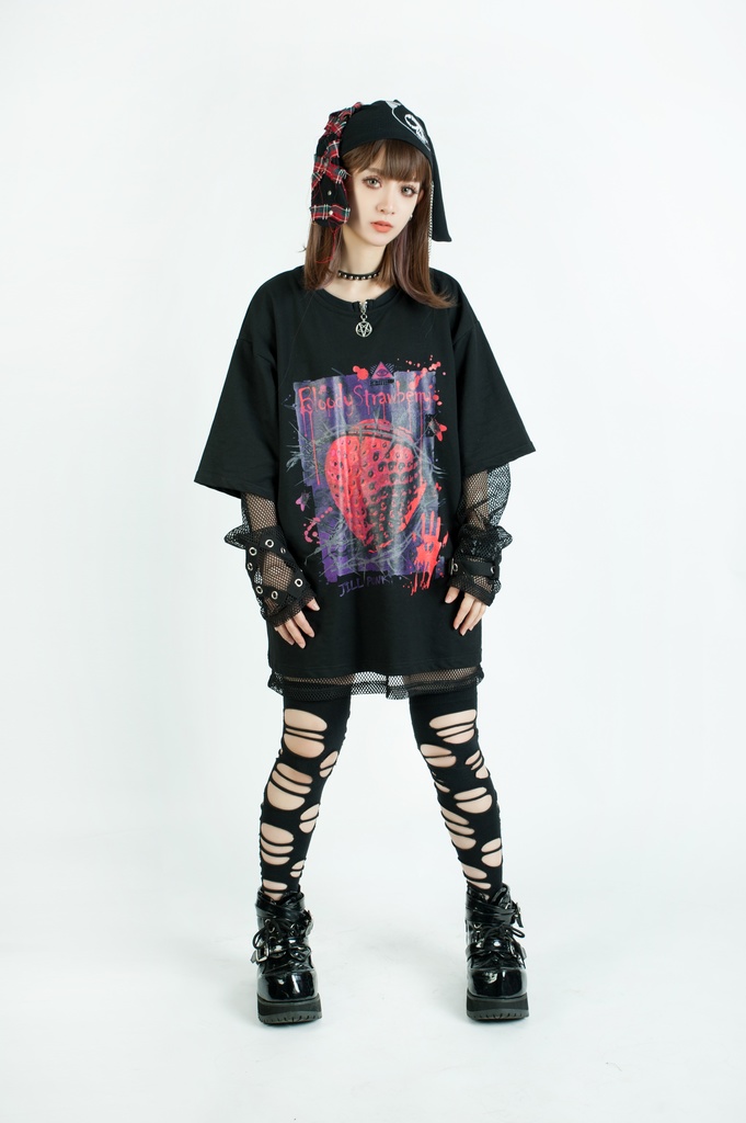 Jillpunkパンク ロック 血染イチゴ ストロベリー プリント ゆったり半袖 Tシャツ Oversizeオーバーサイズ ユニセックス メンズ レディース男女兼用おしゃれファッション秋葉系カッコいい オリジナル