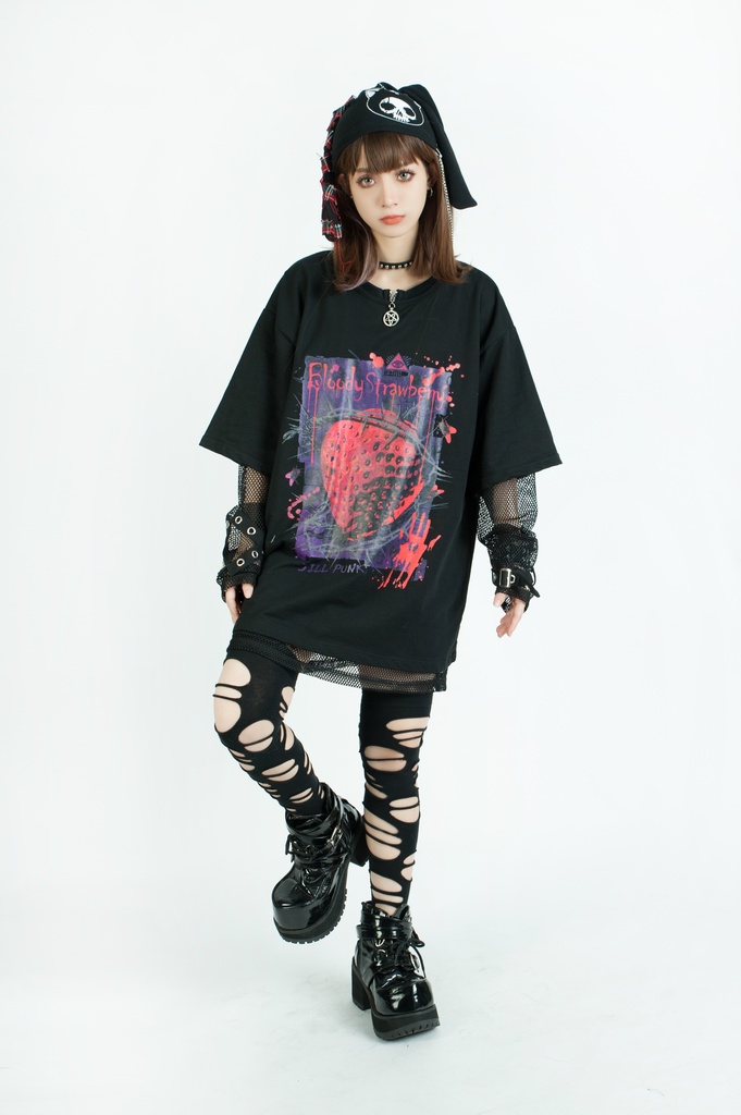 Jillpunkパンク ロック 血染イチゴ ストロベリー プリント ゆったり半袖 Tシャツ Oversizeオーバーサイズ ユニセックス メンズ レディース男女兼用おしゃれファッション秋葉系カッコいい オリジナル