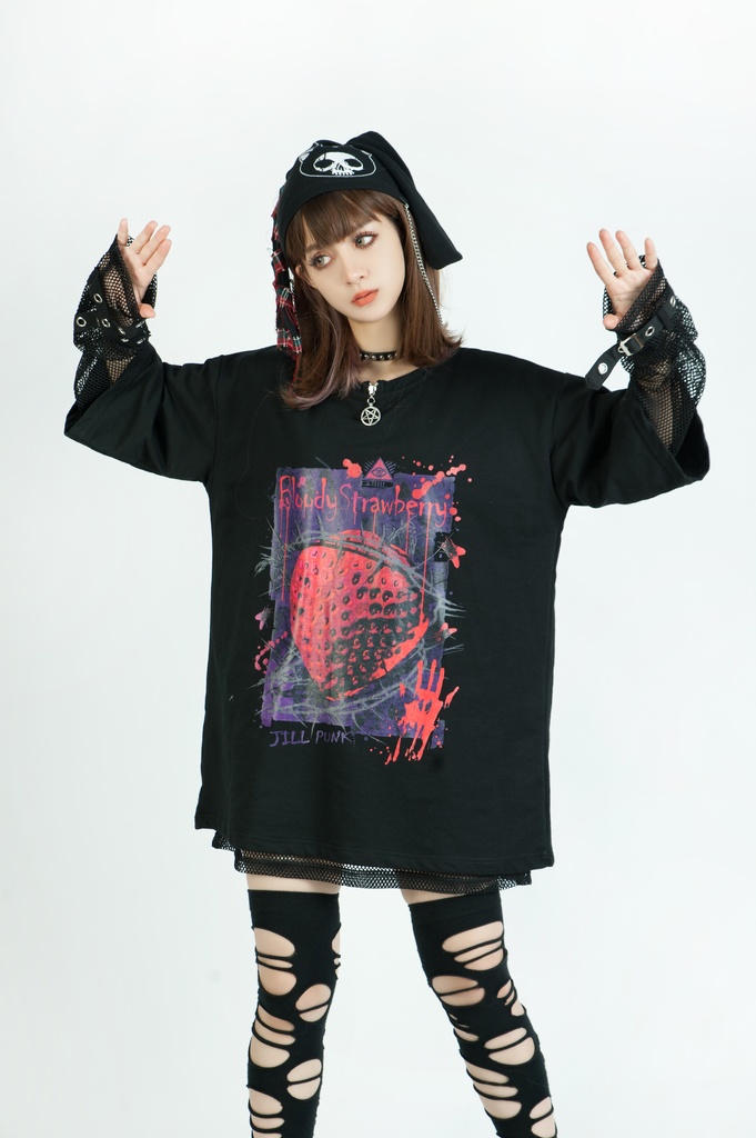 Jillpunkパンク ロック 血染イチゴ ストロベリー プリント ゆったり半袖 Tシャツ Oversizeオーバーサイズ ユニセックス メンズ レディース男女兼用おしゃれファッション秋葉系カッコいい オリジナル