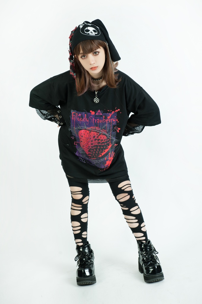 Jillpunkパンク ロック 血染イチゴ ストロベリー プリント ゆったり半袖 Tシャツ Oversizeオーバーサイズ ユニセックス メンズ レディース男女兼用おしゃれファッション秋葉系カッコいい オリジナル